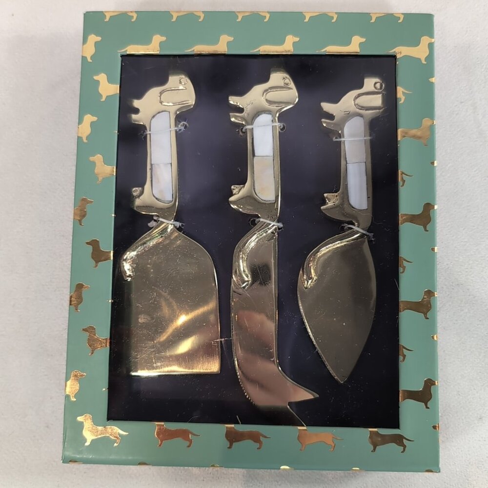 Anthropologie 3 Cheese Knives Weiner Dogs Gold Mother Pearl Mackenzie Dachshund